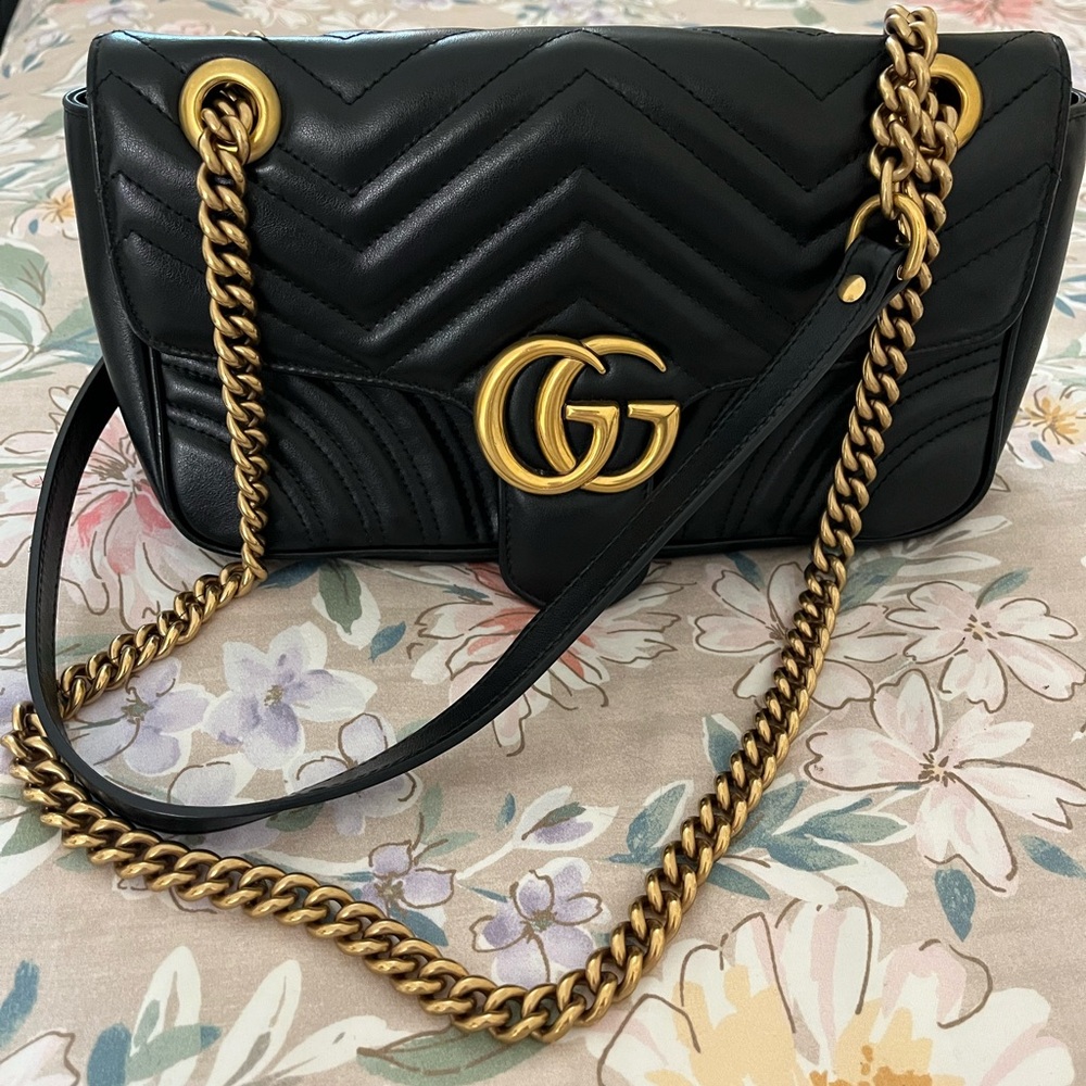 Gucci Quilted Black Shoulder Bag with Gold Accents